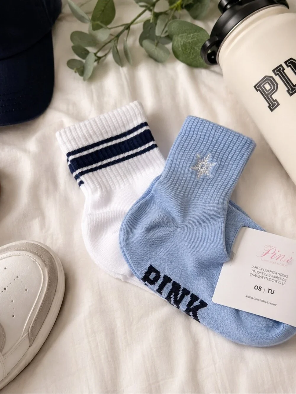 Victoria’s Secret PINK 2-Pack Quarter Socks Blue White OS